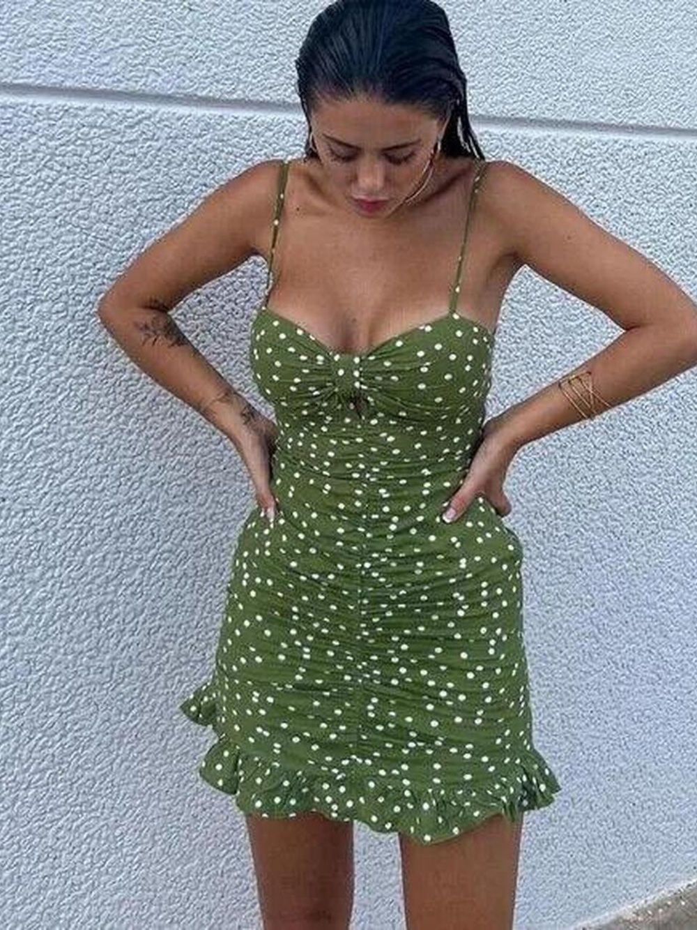 Zara Linen Blend Polka Dot Ruched Flounced Trim Mini Dress Influencer Fav